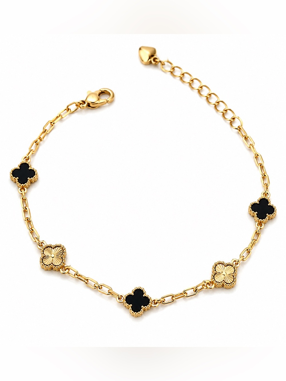 14K Gold Plated Rhodium Black 5 Petite Clover Double Sided Adjustable Bracelet